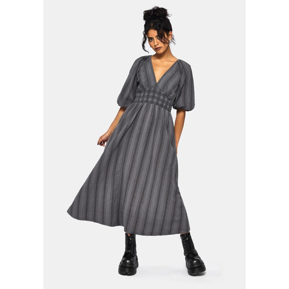Disturbia Gray Midi Dress Womens 14 Gothic Witchy Balloon Sleeve Whimsigoth